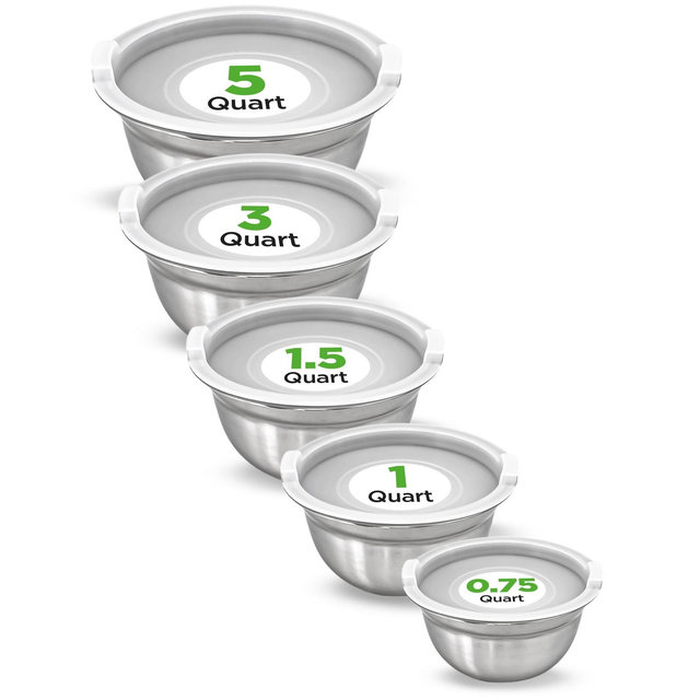 NutriChef 5-Piece Stainless Steel Kitchen Mixing Bowls with Lids - Stackable, Durable Design