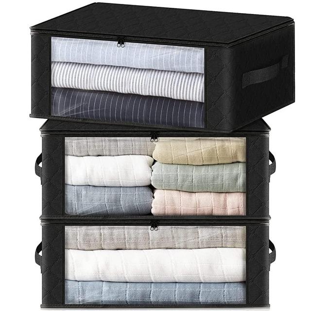 HomeHacks Storage 3-Pack Clothes Organizer Storage Bags Foldable Storage Box with Large Clear Window Sturdy Handles for Closet, Dorm, Pillows, Bedding, Clothes, Stuffed Toys, Blankets, Black