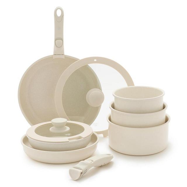 GreenLife Click 10-Piece Ceramic Nonstick Cookware Set, Detachable Handle, Stackable Space Saving Kitchen Essential, Non Toxic PFAS-Free Pots & Pans, Induction & Oven Safe, Glass Lid, Speckled Cream