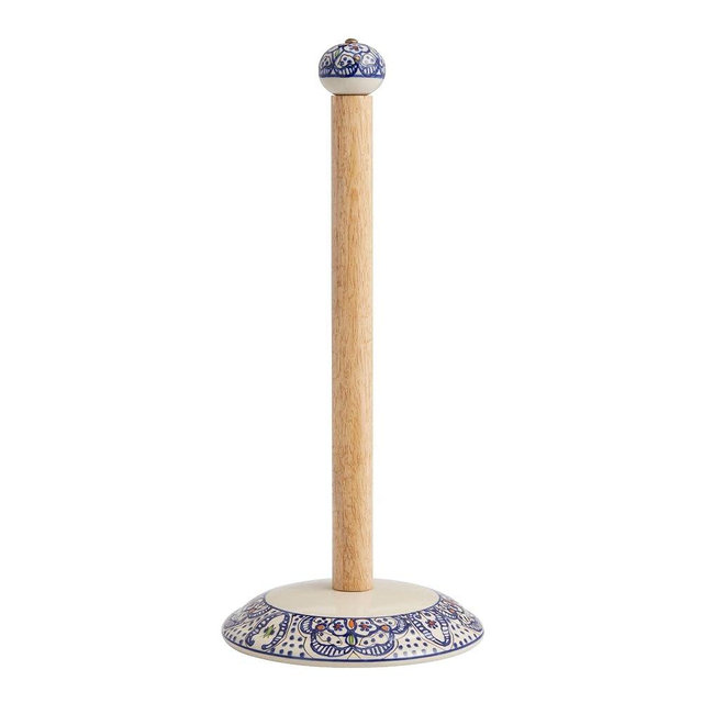 Tunis Wooden Paper Towel Holder Countertop - Hand Painted Ceramic and Wood Paper Towel Holder - Paper Towel Dispenser Countertop Decor for Kitchen - Artistic Bathroom Paper Towel Holder Stand