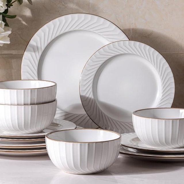 GBHOME Ceramic Dinnerware Sets, Embossed White Stoneware Plates and Bowls Sets, Housewarming Wedding Gift | Dishwasher & Microwave Safe | Dishes Set Service for 4