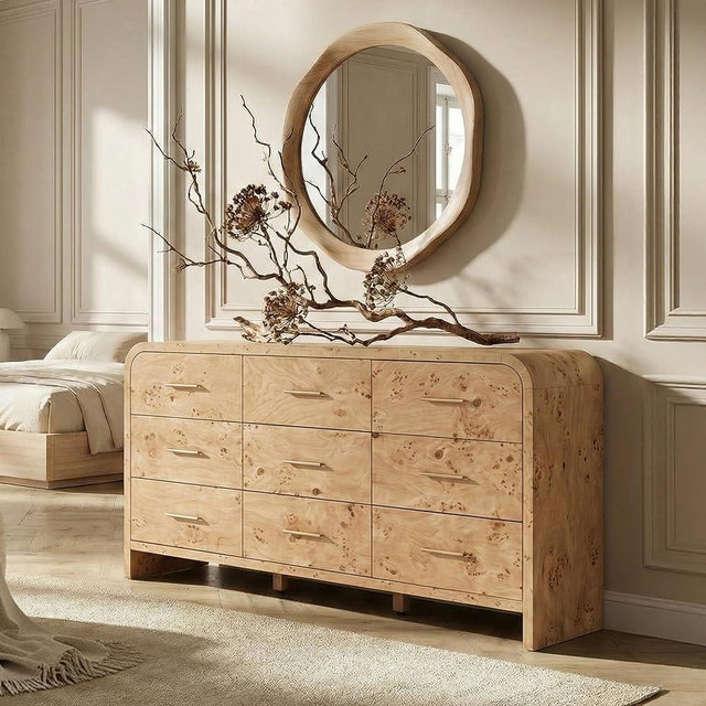EliteSet Curved 9-Drawer Dresser for Bedroom, 63" Wide Modern Chest of Drawers, Vanity Desk TV Stand for Living Room, Closet Storage Drawers Organizer Furniture, Nursery, Hallway, Light Burl