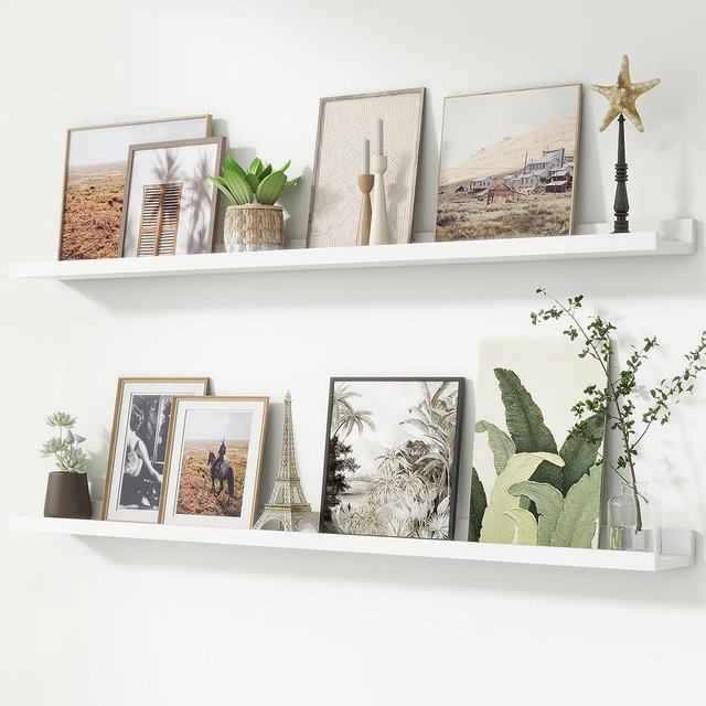 FLYJOE Picture Ledge Shelf, Floating Shelves Set of 2, 52 Inches Nursery Book Shelves for Toys Storage, Kids Bookshelf Wall Mounted for Living Room Bedroom Decor Books Photo Frames, White