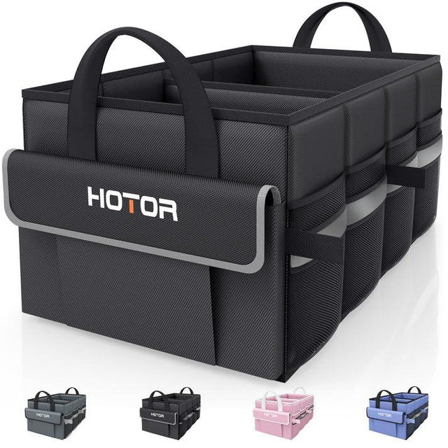 HOTOR Trunk Organizer for Car - Car Organizer, Foldable Trunk organizer for SUV, Sedan & Van, Car Organization with Sturdy Base Panel for Car Accessories, Black, 2 Compartments, 21.3"×12.6"×10.6"