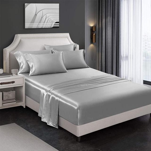 AiMay 6 Piece Satin Bedding Sheet Pillowcase Sets Deep Pocket Luxury Rich Silk Silky Super Soft Solid Color Reversible Sexy Honeymoon Stain-Resistant Wrinkle Free (Queen, Light Grey)