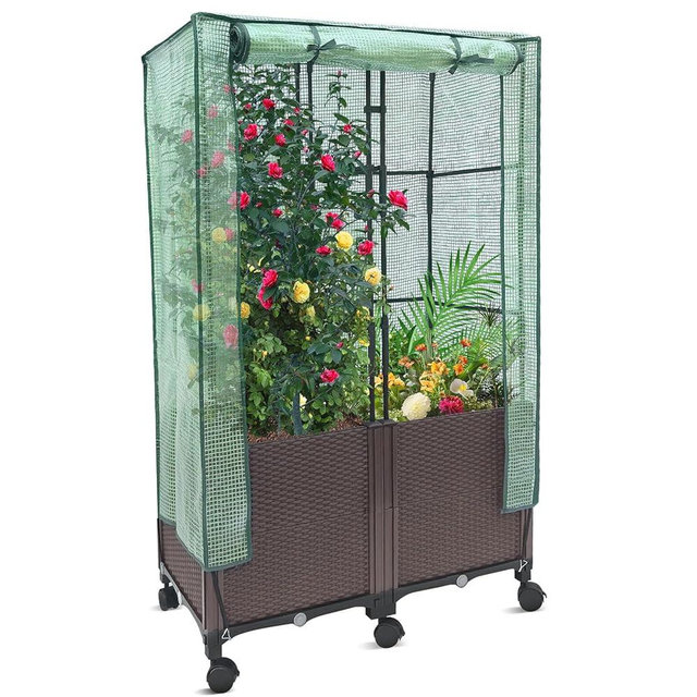 MAYOLIAH 3-in-1 Raised Garden Bed Large Planter Box with Trellis & Cover on Wheels Plastic Tomato Planter with Greenhouse for Deep Rooted & Climbing Plants 31.5x15.7x53-inch Brown