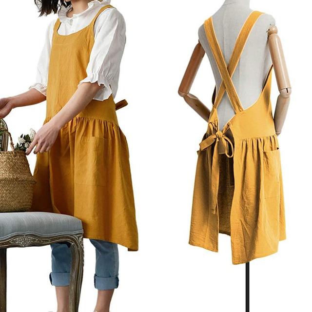 Cotton Linen Cross Back Apron for Women with Pockets for Painting Gardening Yellow with Waist Ties