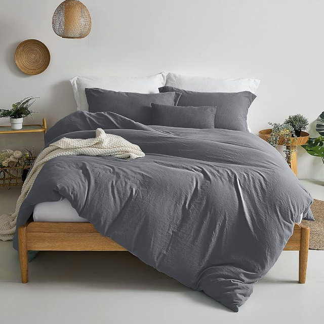 MILDLY Duvet Cover Set Dark Gray - 100% Washed Microfiber Super Soft Comforter Cover Set Queen Size Breathable & Lightweight Bedding Set 3 Pieces