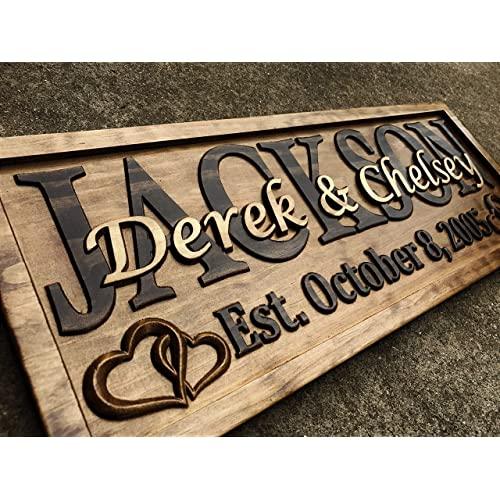 Personalized Wedding Gift Last Name Established Sign Family Name Signs Custom Wood Sign Carved Wood Decor 3D Hearts Couples Sign 5 Year Anniversary Gift