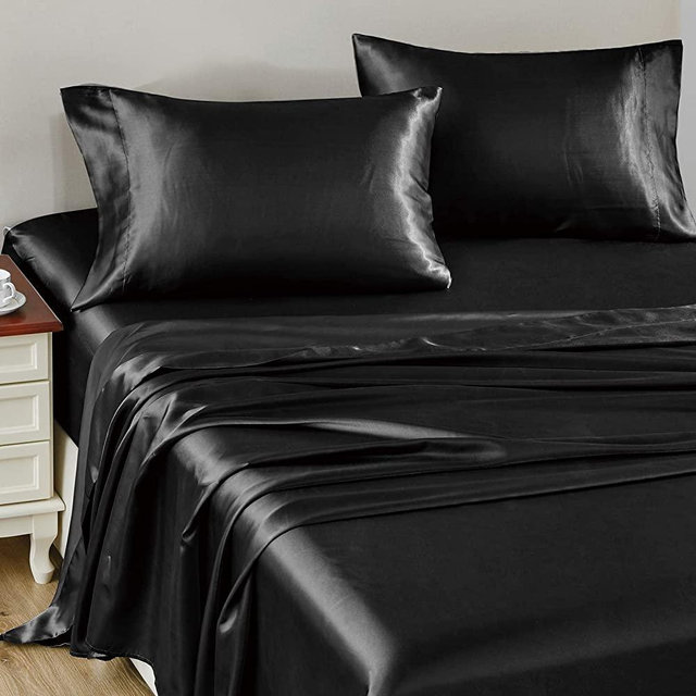 CozyLux Satin Sheets Queen Size 4-Pieces Silky Sheets Microfiber Black Bed Sheet Set with 1 Deep Pocket Fitted Sheet, 1 Flat Sheet and 2 Pillowcases, Smooth and Soft