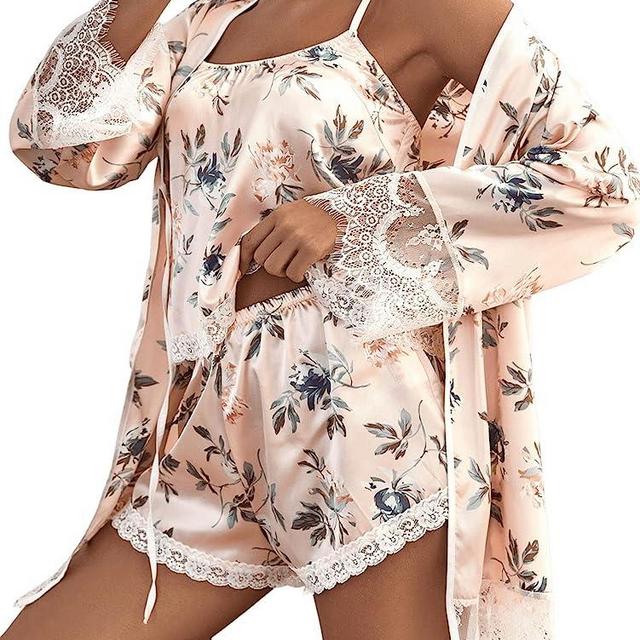 Verdusa Women's 3 Piece Floral Satin Lace Trim Cami Top & Shorts Pajama Set with Robe