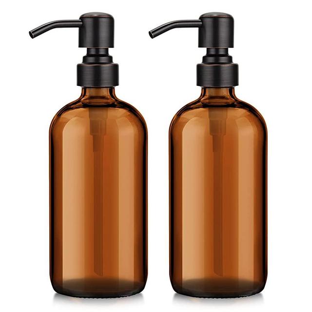 AmazerBath Amber Glass Soap Dispenser, 2 Pack Thick Glass Soap Dispenser with Bronze Stainless Steel Pumps, 16 Oz Hand Soap Dispenser Bottle for Liquid Lotion, Bathroom Kitchen Dish Soap Dispenser