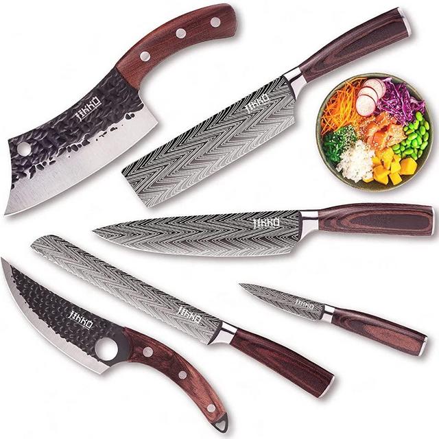 JIKKO New 67 Layers Carbon Steel Japanese Knife Set - DiamondRazor Series - Kitchen Knife Set with Mahogany and Walnut Wood Handles - Japanese Chef's Knives with Exceptional Sharpness - HRC60 Approved