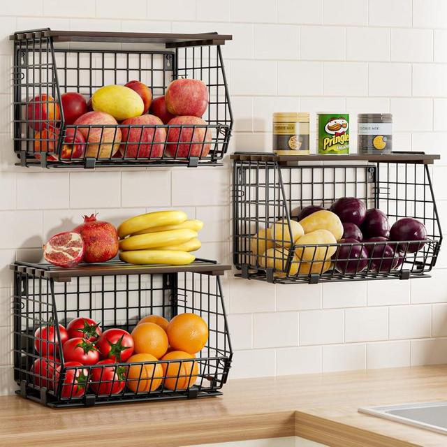GGIU Wire Fruit Basket for Kitchen Storage: Hanging Wall Fruit Basket for Kitchen Stackable Counter Basket for Vegetable Produce - Counter Potato and Onion Storage for Pantry 3 Pack