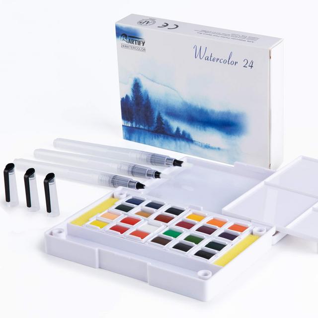 Artify Watercolor Field Sketch Set - 24 Assorted Colors with 3 Brushes - Perfect Watercolor Pan Set for Watercolor Paintings Cartoons - Mini Travel Watercolor Kit