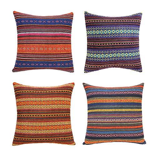 Merrycolor Decorative Throw Pillow Cover for Couch Sofa Bed Bohemian Retro Stripe Cotton Blend Linen Pillow Case(Only Pillow Cover (4 Pieces, 18''x18'', J-1 Mix (4 Pack))