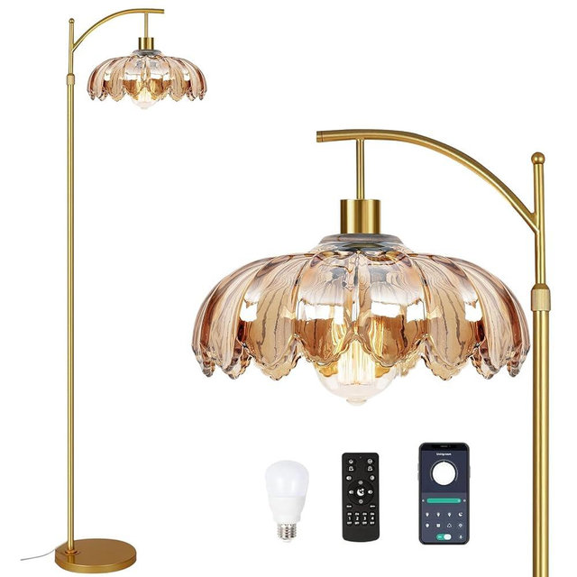Arc Floor Lamp for Living Room Gold Floor Lamp with Remote Control,Dimmable Floor Lamps With Glass Lampshades,Mid Century Modern Standing Lamp Tall Vintage Flower Floor Lamps for Bedroom,Corner