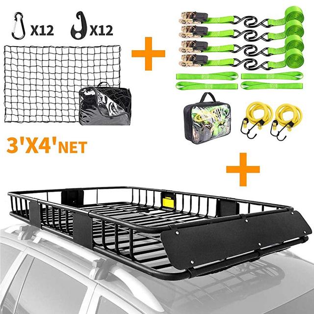 XCAR Roof Rack Basket Rooftop Cargo Carrier + 3' x 4' Cargo Net + Ratchet Straps Tie Down Straps