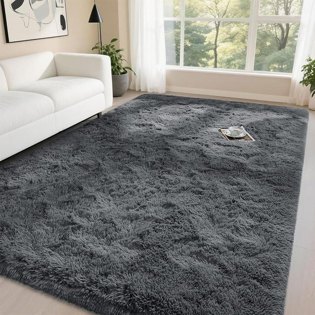DweIke Fluffy Dark Grey 8x10 Area Rugs for Bedroom Living Room, Large Soft Plush Shaggy Deep Gray Girls Boys Kids Rug, Non-Slip and Machine Washable Carpet for Dorm Nursery Classroom Decor
