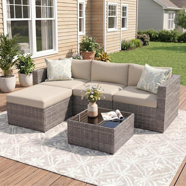 Wisteria Lane 5 Piece Outdoor Patio Furniture Set, All Weather Wicker Rattan Sectional Sofa Conversation Set with Cushions & Glass Coffee Table, Ideal for Porch Garden Balcony Backyard, Beige
