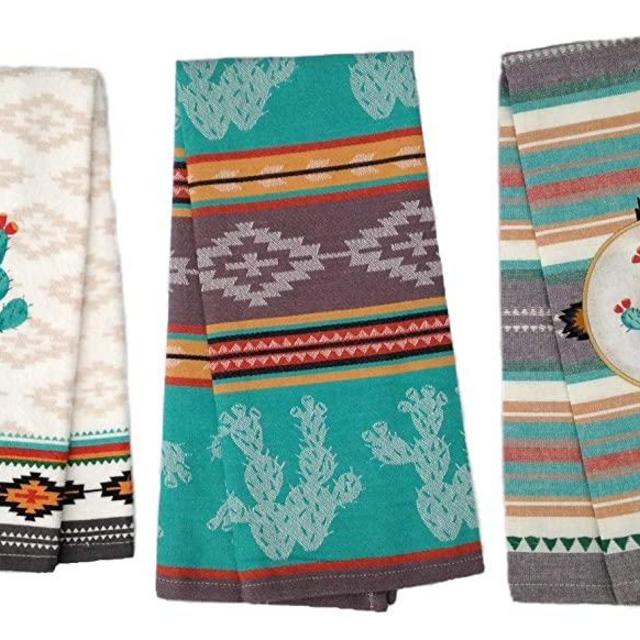 Simply Southwest Cactus Kitchen Towels Set of 3, Colorful Terry Towel - Woven Jacquard Towel - Ornamented Cactus Tea Towel