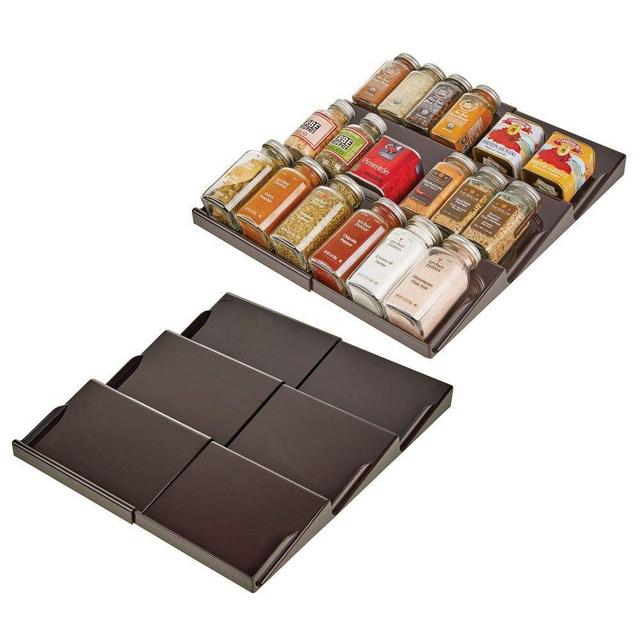 mDesign Adjustable, Expandable Plastic Spice Rack, Drawer Organizer for Kitchen Cabinet Drawer - 3 Slanted Tiers for Garlic, Salt, Pepper Spice Jars, Seasonings, Vitamins, Supplements, 2 Pack - Bronze