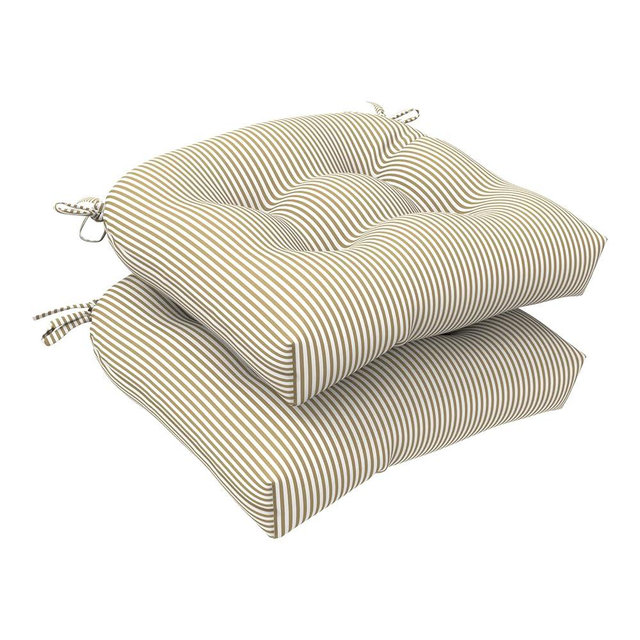 DYTXIII Set of 2 Outdoor Chair Cushions 19"x19"x5",Water Repellent Tufted Seat Cushions with Ties,Replacement Chair Pads for Wicker Dining and Patio Furniture,(Round Corner,Stripe Beige)