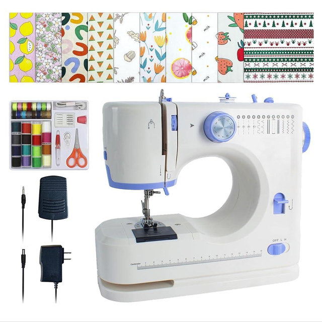 Stoigeld Sewing Machine for Beginners with 20 Pcs Fabric，3 Pcs Prefabricated kits and 32 Pcs Sewing Threads Kit,Portable Sewing Machine with 16 Built-in Stitches, 2 Speed (white and blue)