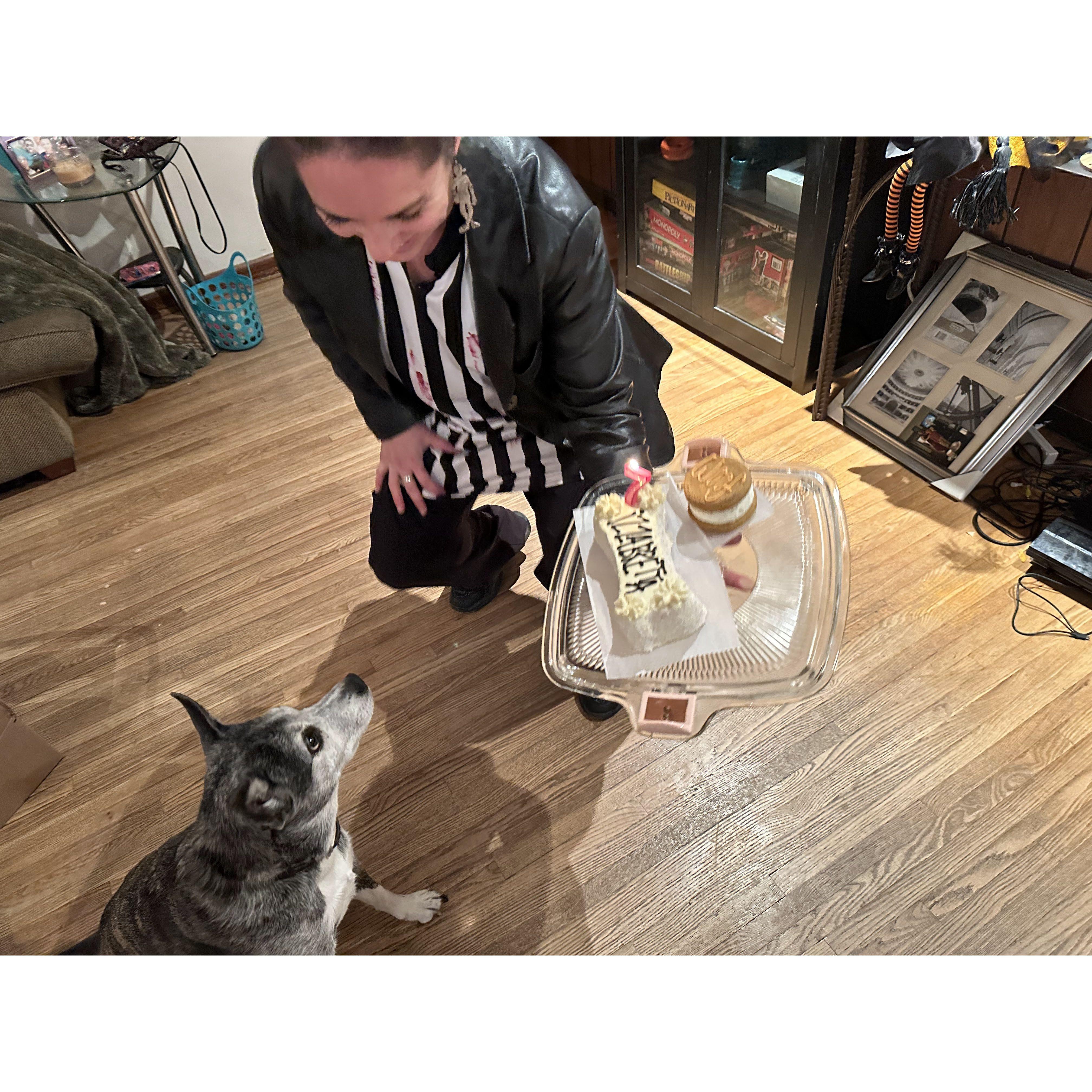 Kate knew Eric was perfect when a few weeks into dating he brought her dog, IzzABretta, a birthday cake for her 7th bday.