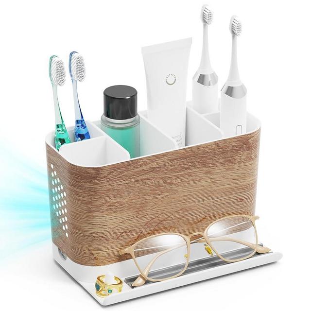 Bathroom Organizers and Storage 6 Slots Wood Grain Electric Toothbrush Holders with Phone Holder and Adjustable Dividers, Cord-Friendly Toothbrush Organizer with Drainage for Family, Kids