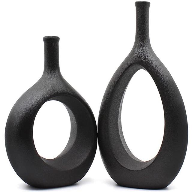 Serdic Ceramic Hollow Vases Set of 2 Modern Decorative Flower Vase Centerpiece for Wedding, Gifts, Kitchen, Living Room or Flower Shop Black