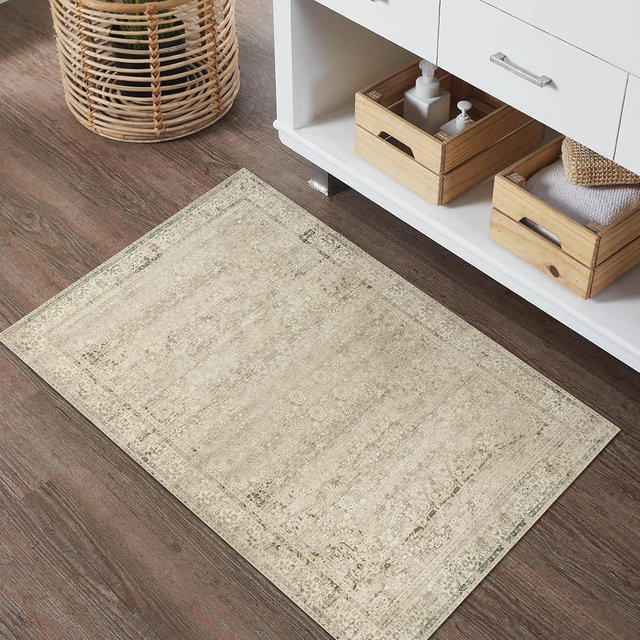 BILEEHOME Boho Kitchen Rug Washable,2x3 Non Slip Farmhouse Neutral Small Area Rug for Bathroom Bedroom Indoor Entrway Ultra Thin Fit Under Door,Tan Brown and Cream Beige