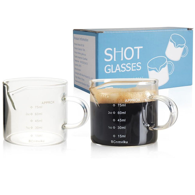 BCnmviku 2 PACK Espresso Glass Measuring Cup Triple Pitcher Milk Cup 75ML Espresso Cups with Handle Shot Glass with V-Shaped Mouth Clear Accessories Milk Frothing Pitcher (2)