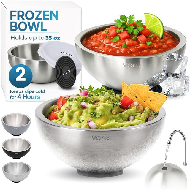 Vora 35oz Dip Chiller Bowl with Lid | 2 Pack Stainless Steel Chilled Dip Bowl for Dips, Guacamole, Hummus, Salsa | Insulated Serving Dishes with Easiest Water Fill & Refillable Chamber