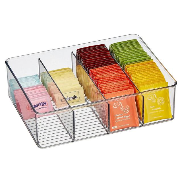 mDesign Plastic Stackable Tea Bag Storage Organizer Bin with 4 Divided Compartments - Holder for Kitchen Cabinet, Pantry, Countertop - Holds Sugar Packets, Coffee Pods, Ligne Collection, Clear