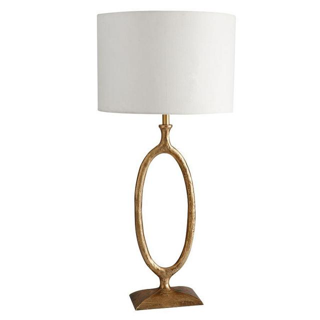 Easton Forged-Iron Oval Table Lamp with Medium Straight Sided Gallery Shade, Antique Brass