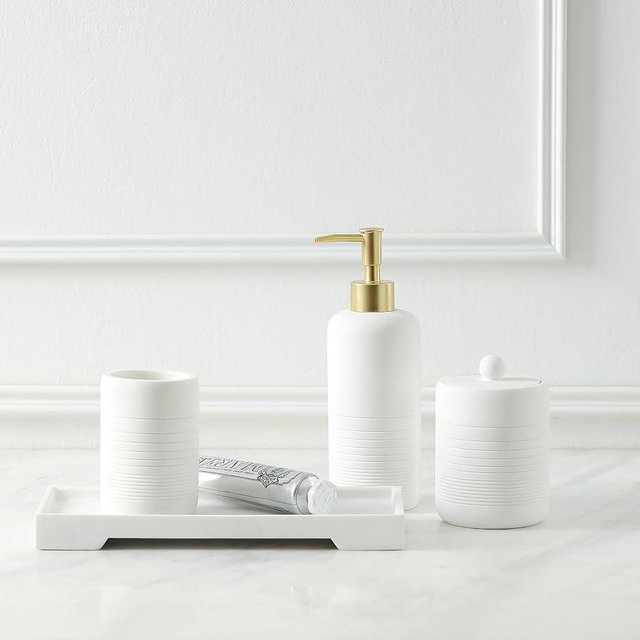 QL DESIGN Bathroom Accessory Set 4 Pcs Elegant White Look Bathroom Accessories Sets Complete with Soap Dispenser, Tumblers,Vanity Tray and Cotton Jar, (Elegant White)