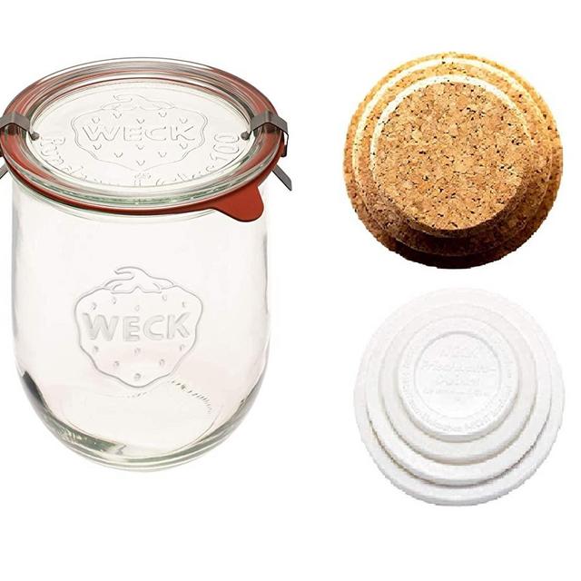 Weck Tulip Jars - Sour Dough Starter Jars - Large Glass Jars for Sourdough - Starter Jar with Glass Lid - Tulip Jar with Wide Mouth - Weck Jars 1 Liter Includes Cork Lid & Keep Fresh Cover (2)