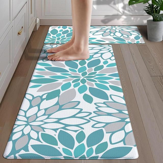 Cusugbaso Anti Fatigue Kitchen Mats, Cushioned Boho Farmhouse Kitchen Rugs Set of 2 - Teal Bohemian Kitchen Decor - Non Slip PVC Comfort Runners for kitchen floor,Office 17.3" x28+17.3"x47.3"
