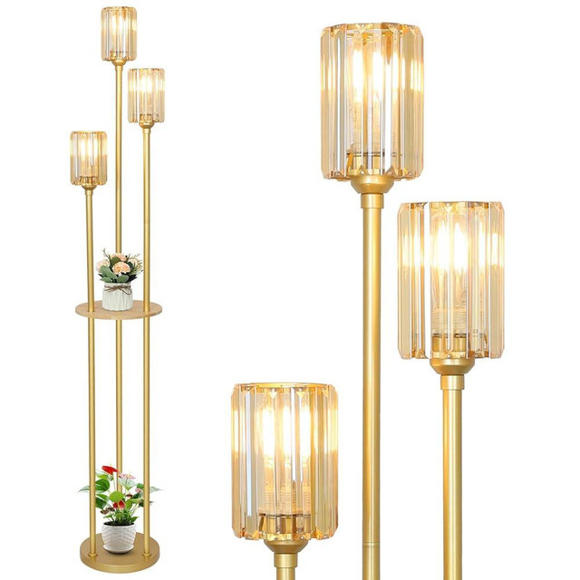 HMVPL Gold Standing Lamp with Shelf, Vintage Floor Lamp for Living Room, Retro Floor Lamp with Table, Mid Century Tall Lamp with Amber Crystal Shade, On/Off Switch, Brass Boho Corner Lamp for Bedroom
