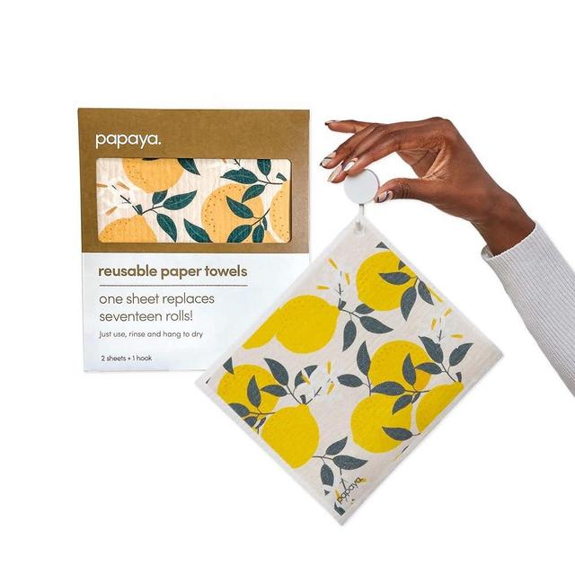 Papaya Reusable Paper Towels 2-Pack - 2 Sheets + 1 Hooks, Quick Drying, No Odor, 1 Sheet Replaces 17 Rolls, Washable Kitchen Cloth, Sustainable Dish Sponge, Eco Friendly Gift