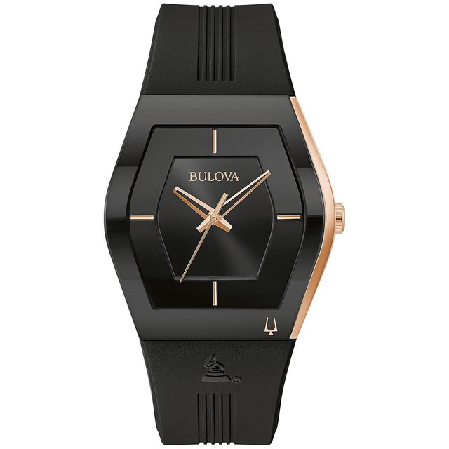 Bulova Latin Grammy Gemini Quartz Rose Gold Stainless Steel Accent with Curved Mineral Crystal and Black Silicone Strap Watch, Mens