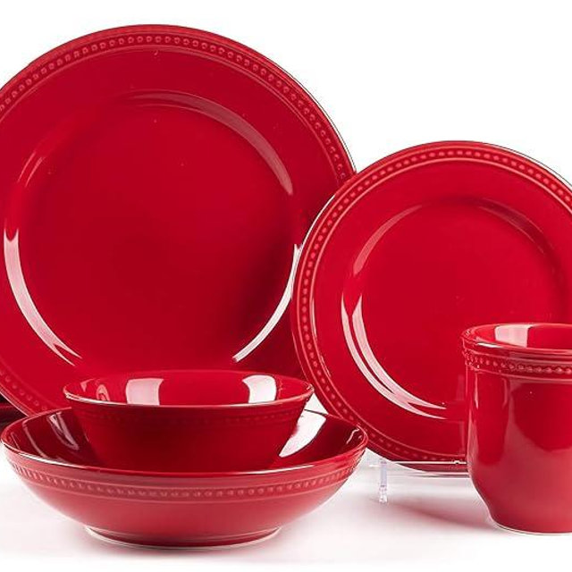 HomeVss, Pearl Dots Stoneware Dinnerware Set (20pc Set, Red)
