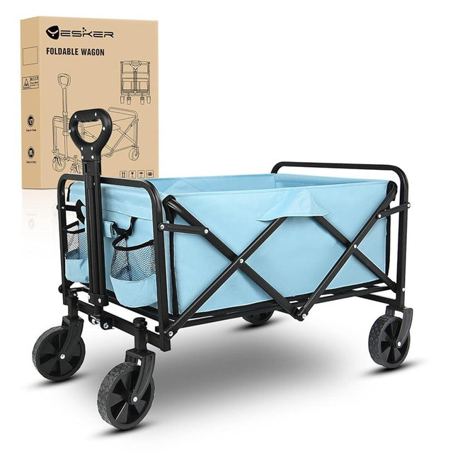 Yesker Foldable Wagon - 220lbs Collapsible Garden Carts with All Terrain Wheels for Outdoor Camping Sports Shopping Gardening - Heavy Duty Portable Utility Trolley (Blue)