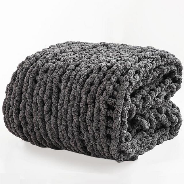 LLanCL Chunky Handmade Knit Throw Blanket, Luxury Home Decor Cozy Soft Chenille Blankets for Bed Sofa, Dark Grey 51x63 Inches