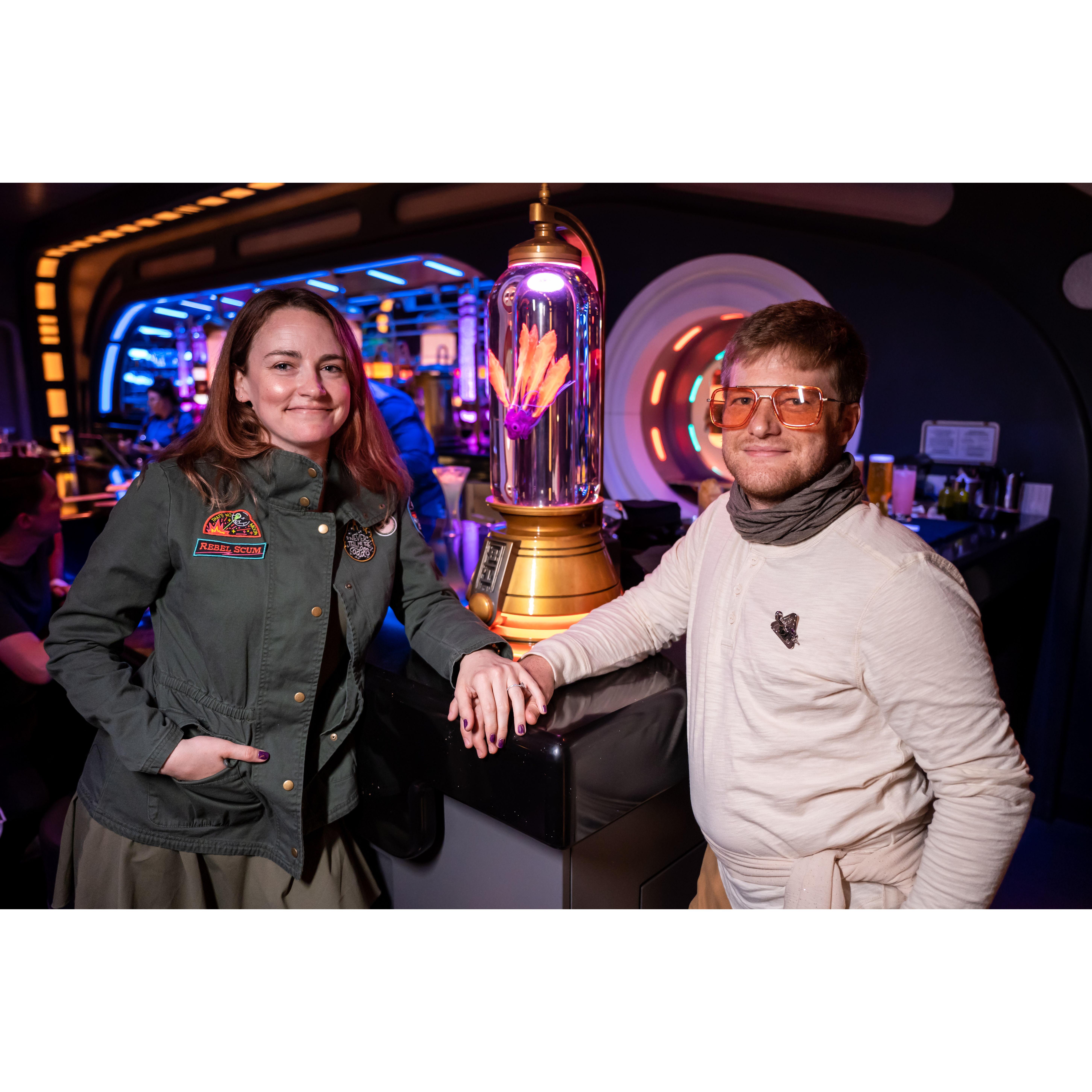 In the bar of the Starcuiser. Photo session from the Galactic Starcruiser experience in Disney. SO much fun.