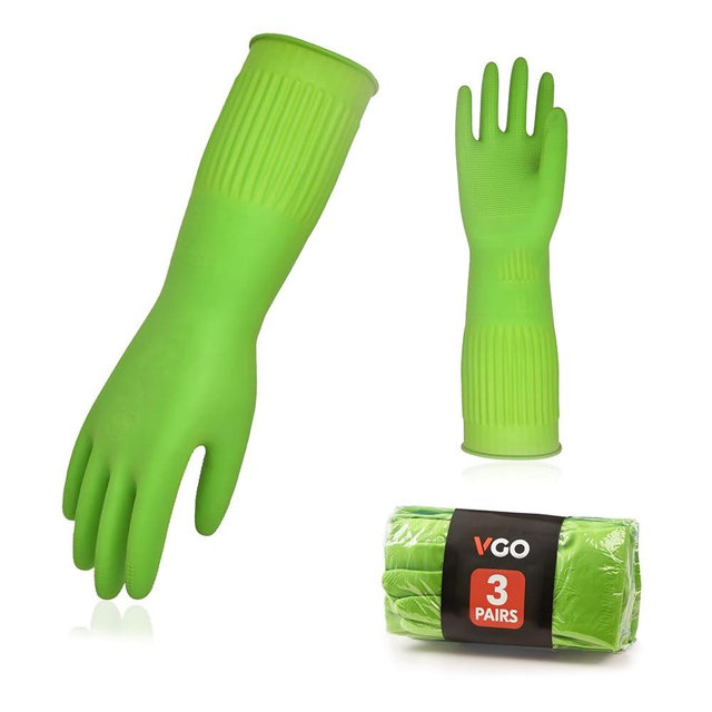 Vgo... 3-Pairs Dishwashing Gloves - Reusable Household, Kitchen, Long Sleeve, Thick Latex, Cleaning, Washing, Working, Painting, Gardening, Pet Care (Size M, Green, RB2143)