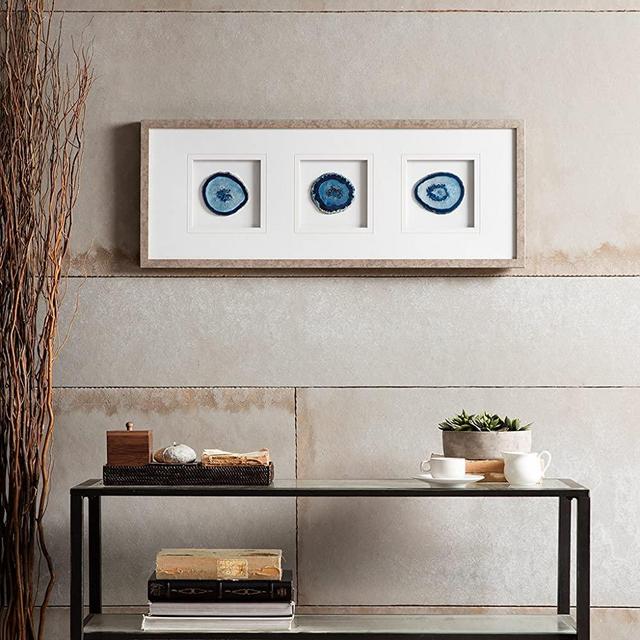 Madison Park Blue Trio Wall Art-Glass Framed Panel Natural Agate 4 Inch Geode Stones Living Room Décor,Different Cuts & each cut is a one of a kind piece and distinct from each other