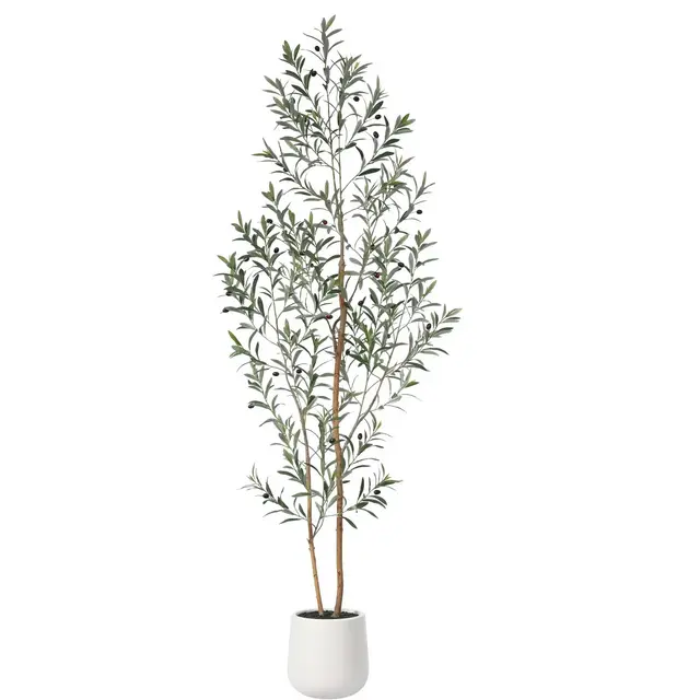 DR.Planzen Artificial Olive Tree with White Planter, 7FT Tall Faux Olive Trees with Natural Wood Trunk