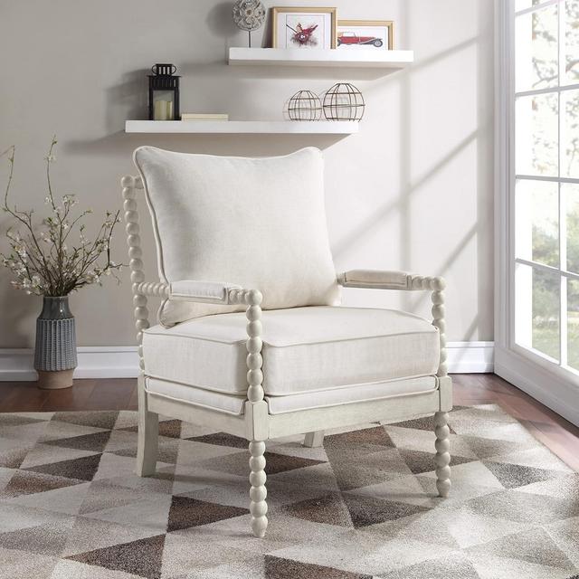 OSP Home Furnishings Kaylee Spindle Accent Chair with Antique White Wood Frame and White Linen Fabric